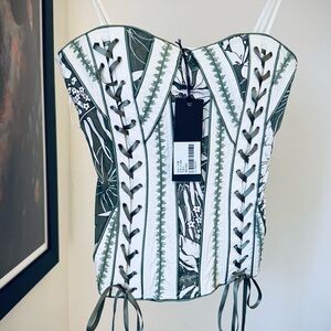 Ally Green White Floral Corset Top Lace Up Boned Bustier Size S EU 36